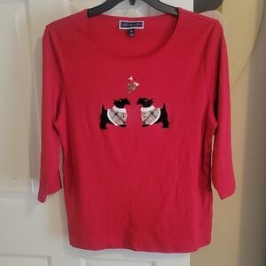 Karen Scott SzXL Cotton Red Long Sleeve Top with Scottie Dogs in Holiday wear